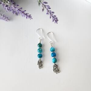 Turquoise Seashell Beads Tassel Earrings, Silver Plated Wire Wrapped Earrings